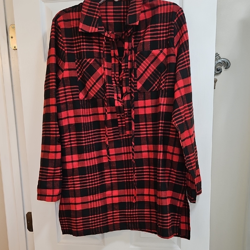 Plaid Long Sleeve Tunic Dress - Red and Black
